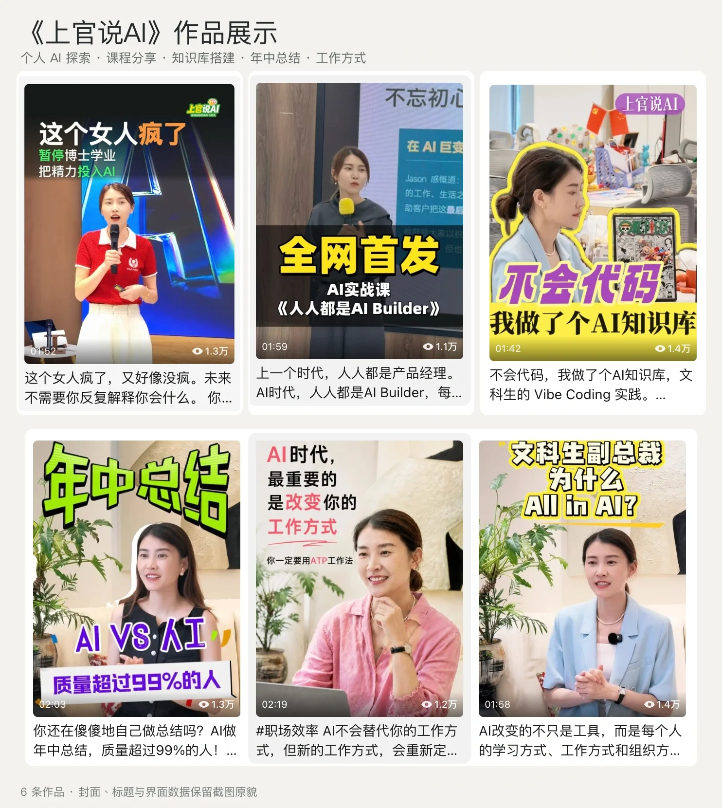 《上官说AI》六条视频作品的封面、标题与截图时播放数据